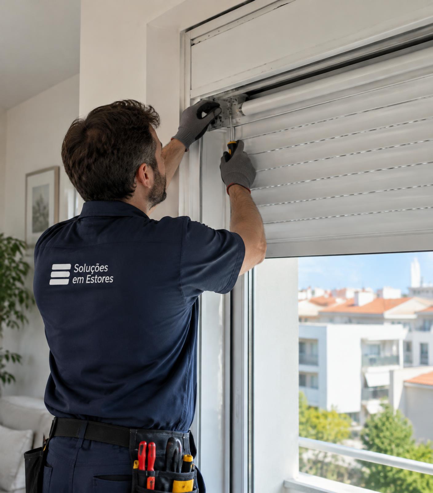 Técnico a reparar um estore numa janela de apartamento em Lisboa